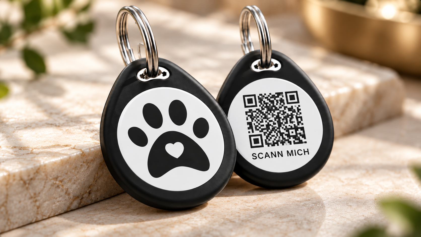 Schwarzer tropfenförmiger FELLARO TAG mit QR-Code und NFC