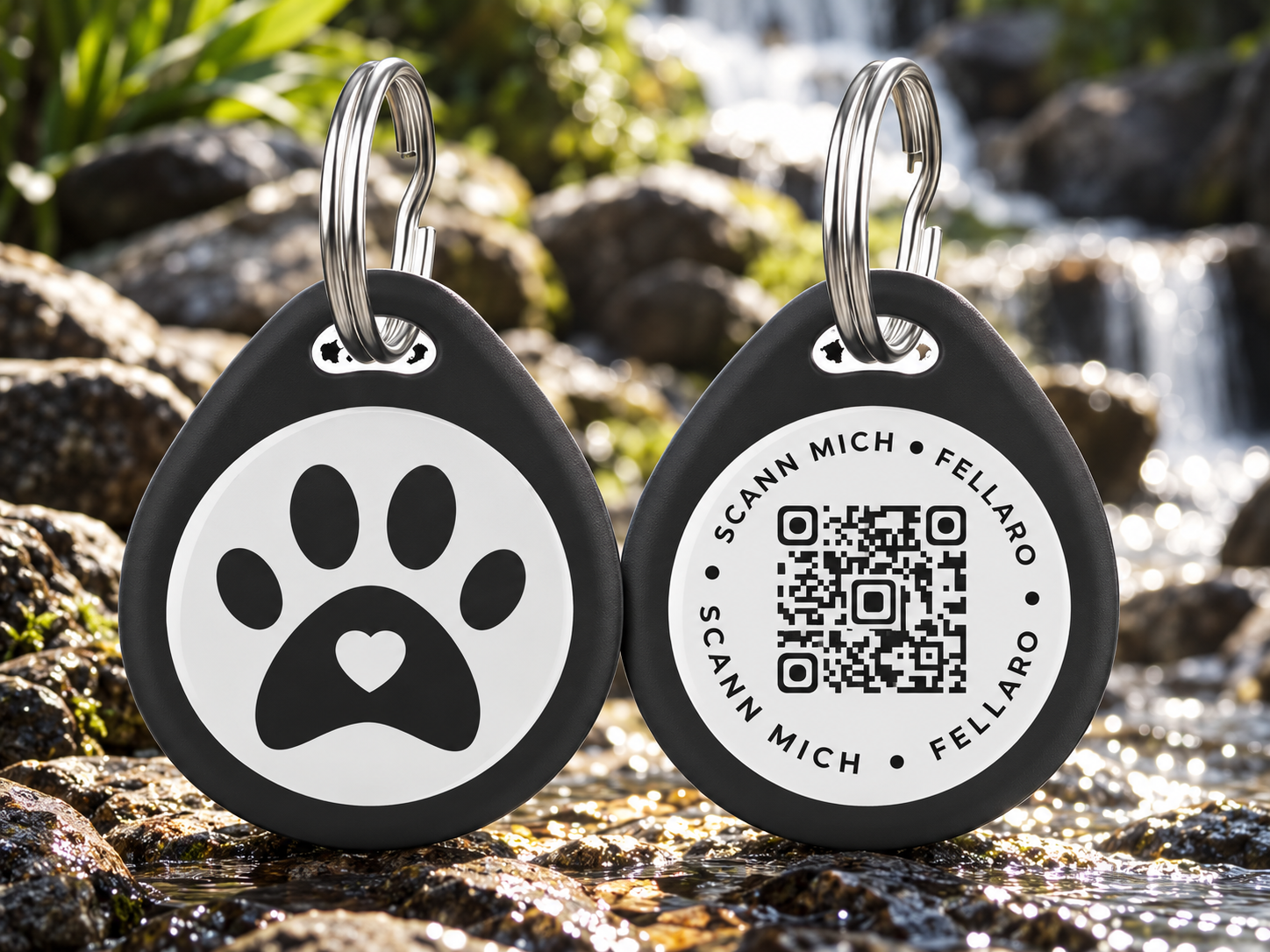 Nahaufnahme des schwarzen tropfenförmigen FELLARO TAGs mit QR-Code