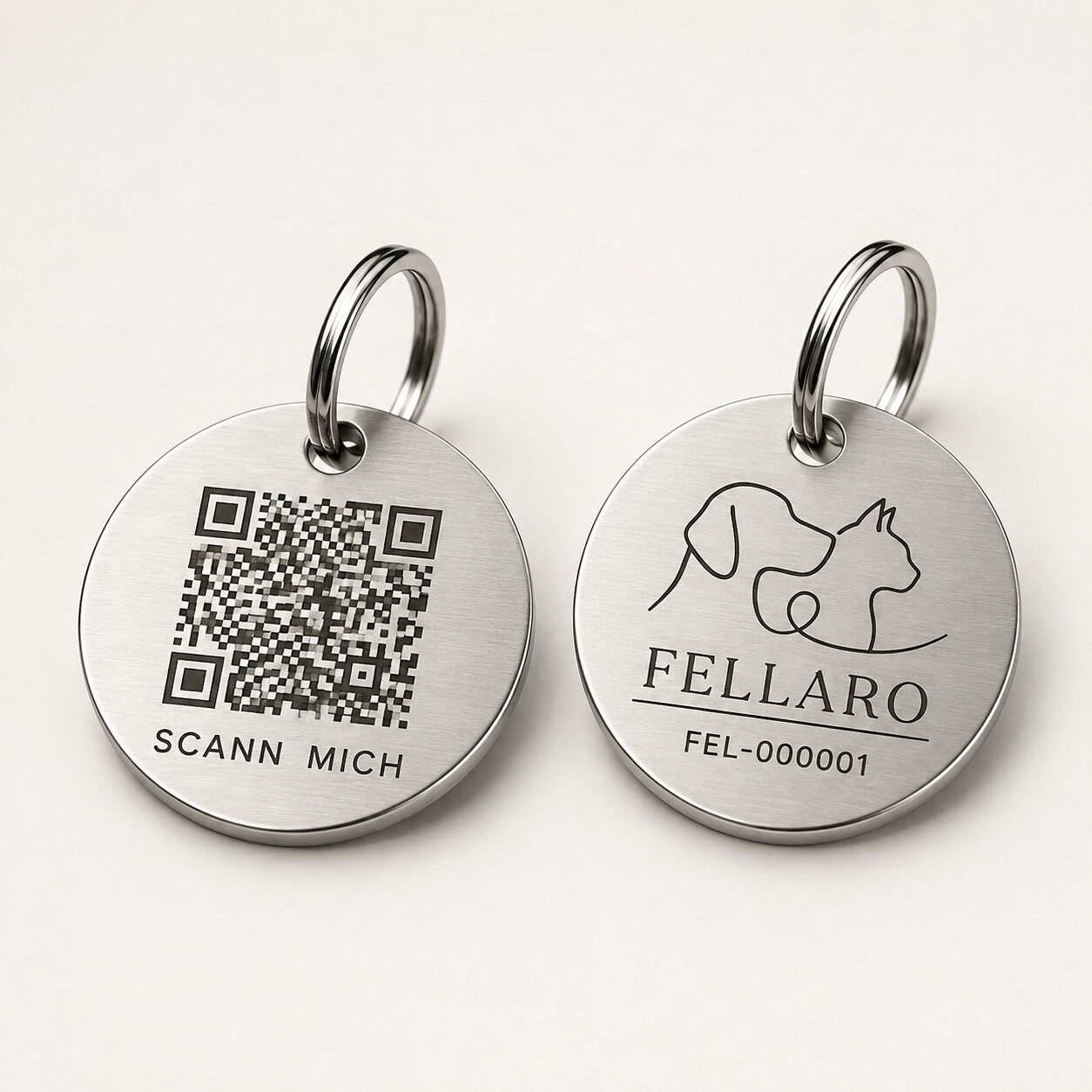 Silberner FELLARO TAG mit QR-Code und Gravur